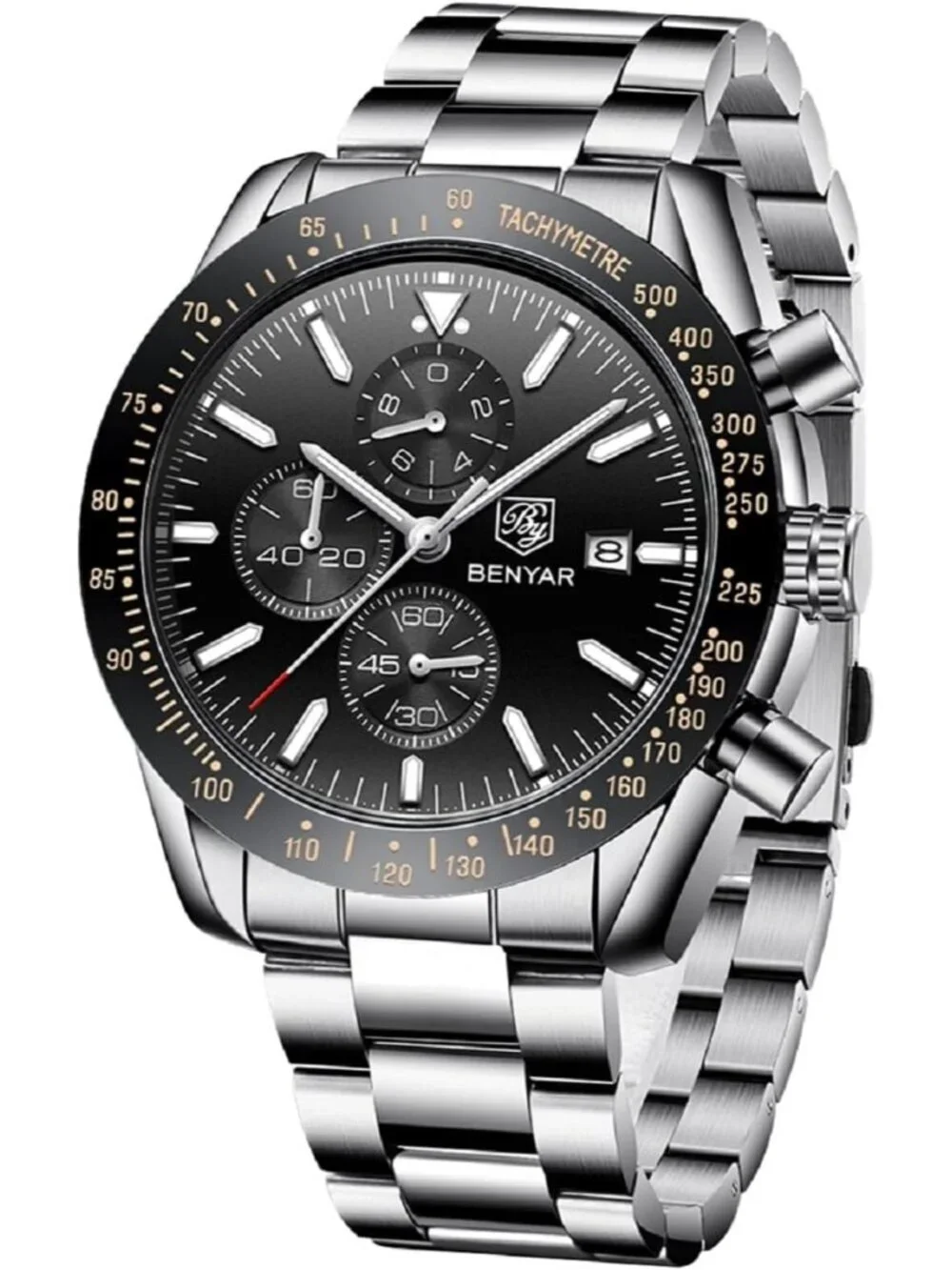 Mens Black Face Analog Silver Strap Chronograph Luminous Designer Casual Watch